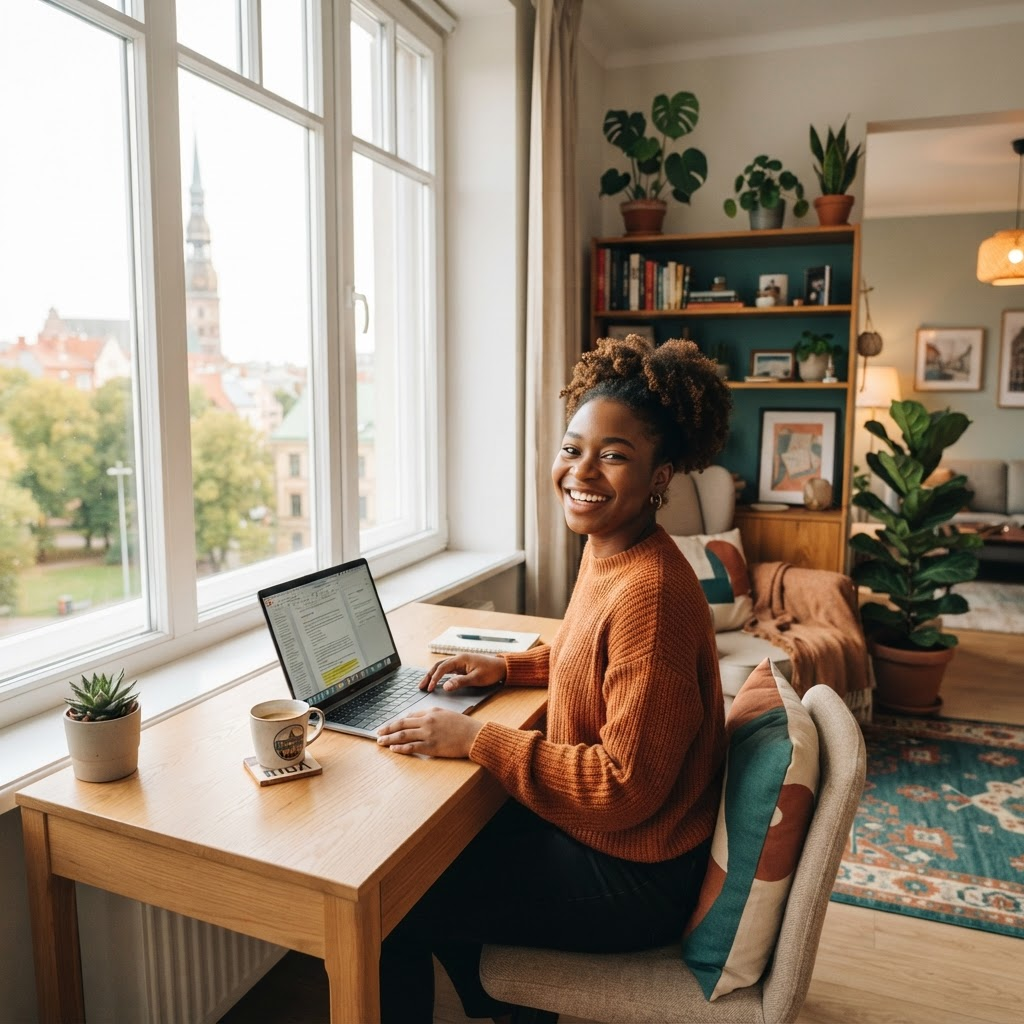 Student relaxing in a bright co-living apartment in Riga